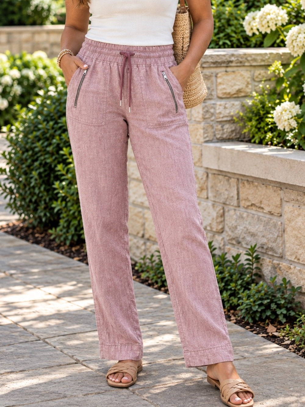 Athleta Pink Cabo Linen Wide Leg Pants Size 4 Drawstring Zip Pockets
